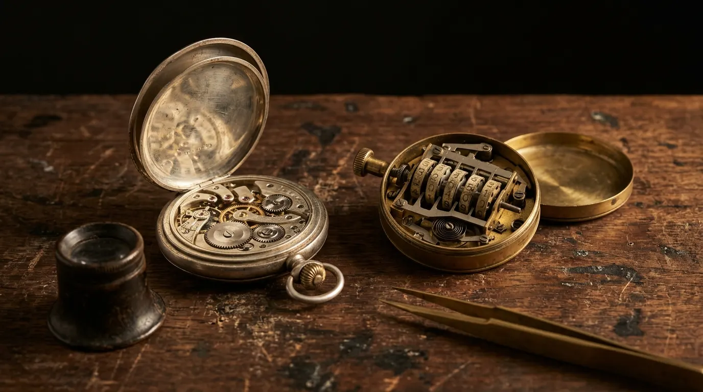 Open pocket watch beside a mechanical counter on dark wood.